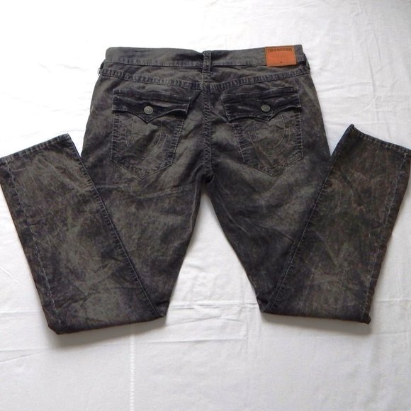 NWT Men TRUE RELIGION GENO RELAXED SLIM FLAP Acid Wash Grey Velour Jeans 38 x 33 - Picture 1 of 8